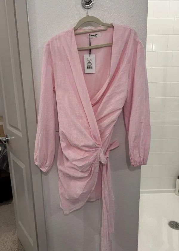 Showpo MARIFY MINI DRESS - LINEN LOOK LONG SLEEVE WRAP DRESS IN ICE PINK - Image 2