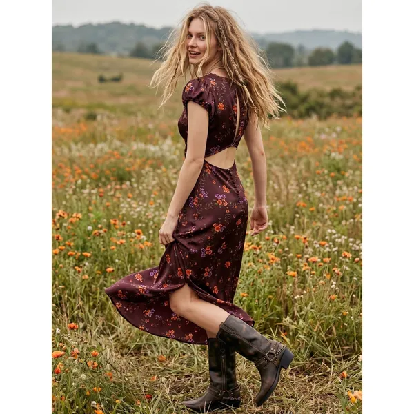 Free People Dainty Lace Retro 90s Butterfly Babe Maxi Dress Brown Combo Medium - Image 4