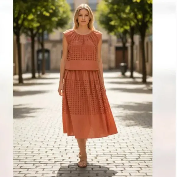 NWT $148 Jennifer & Grace 2PCS Set Eyelet Auburn Rust Terracotta Orange Large - Image 2
