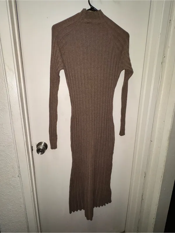 Mango Ribbed Long-Sleeve Midi Dress in Brown - Image 8