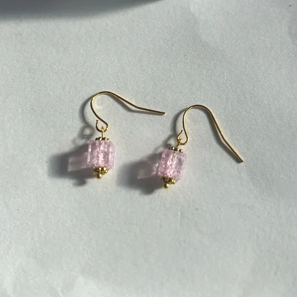 3/$20 Light Pink Square Crystal Ornate Gold Plated Dangling Drop Earrings - Image 2
