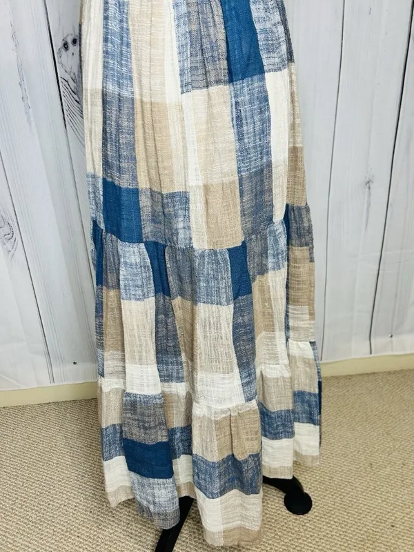 Easel Los Angeles Patchwork Midi Dress Womens Sz L Blue Tan Boho Textured NWT - Image 10