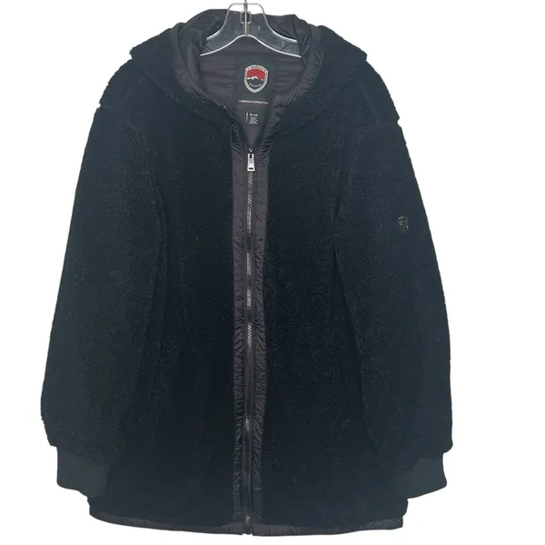 1 Madison Expedition Sz XL Black Faux Fur Fuzzy Hooded Jacket Insulated Sherpa - Image 3