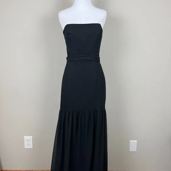 White Vera Wang Dress Womens 8 Black Crinkle‎ Chiffon Trumpet Hem Strapless Gown - Image 15