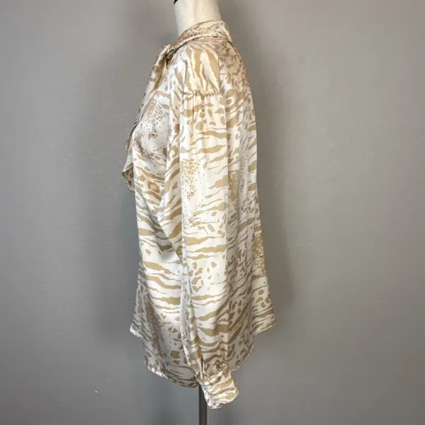 Escada Vintage Leopard Tiger Print Cream‎ Silk Blouse Top Size 36/6 Long Sleeve - Image 7