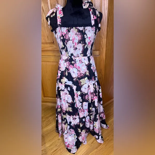 Lulus Wowing Wonder Black Floral Jacquard‎ Smocked Tie-Strap Tiered Midi Dress - Image 7