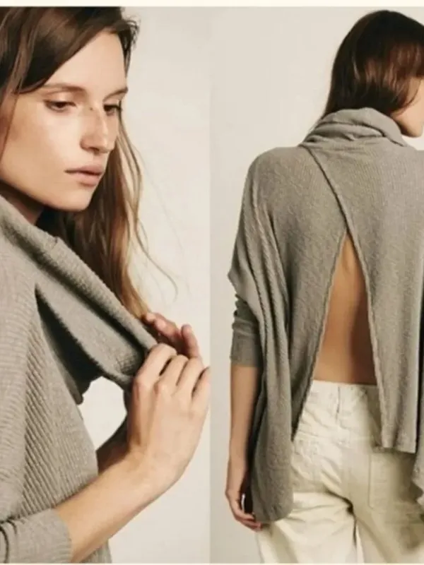 FP Beach Free People Tan/Brown “World Traveler” Cowl Neck Open Back Pullover - Image 3