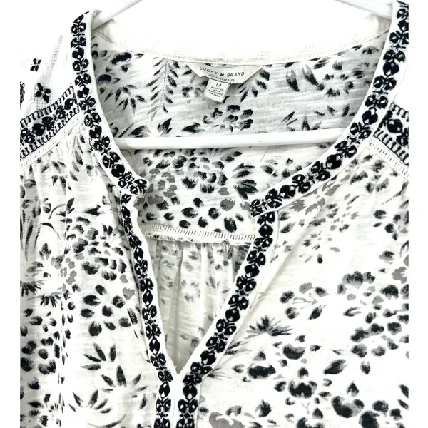 Lucky Brand M Shirt Top black white patterned long-sleeve peasant embroidered - Image 3