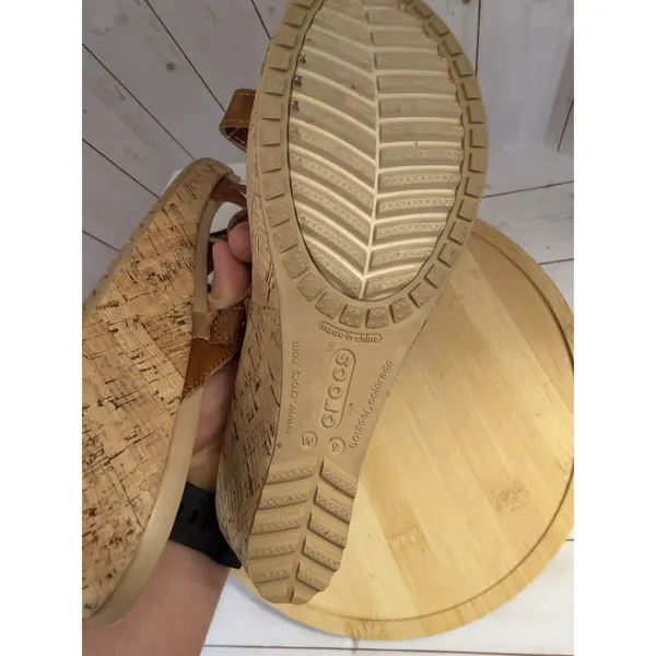 Crocs Womens 9 Brown A Leigh Strappy Cork Wedge Slip On Sandals - Image 7