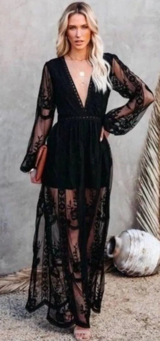 Boutique NEW Black Lace V-neck Long Sleeve Boho Maxi Dress - Image 2