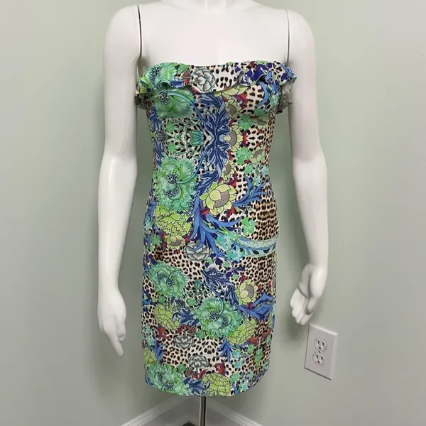 Just Cavalli ruffle leopard floral strapless dress - Image 2