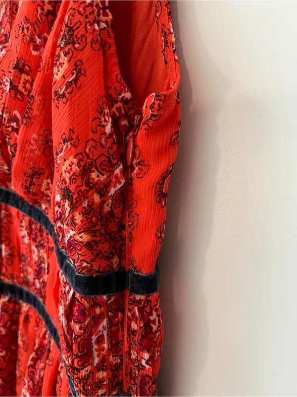 Abercrombie & Fitch Red Paisley Boho Mini Dress with Velvet Trim size medium - Image 7