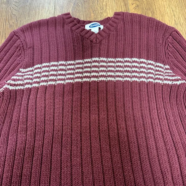 VTG Old Navy‎ Knit Fishermen Sweater V-Neck Maroon Cottage Womens L Y2K academia - Image 3