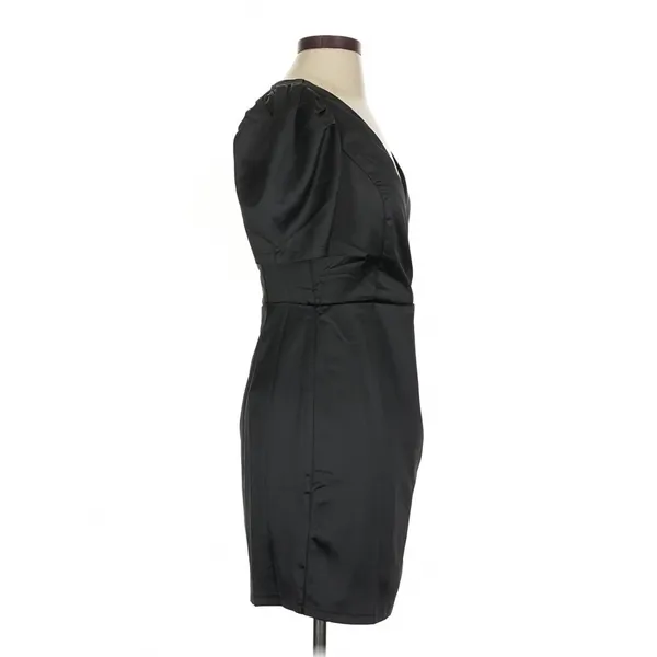 Lulus Black Ecstatic Evening Satin Puff Sleeve Ruched Mini Dress Small LBD - Image 6