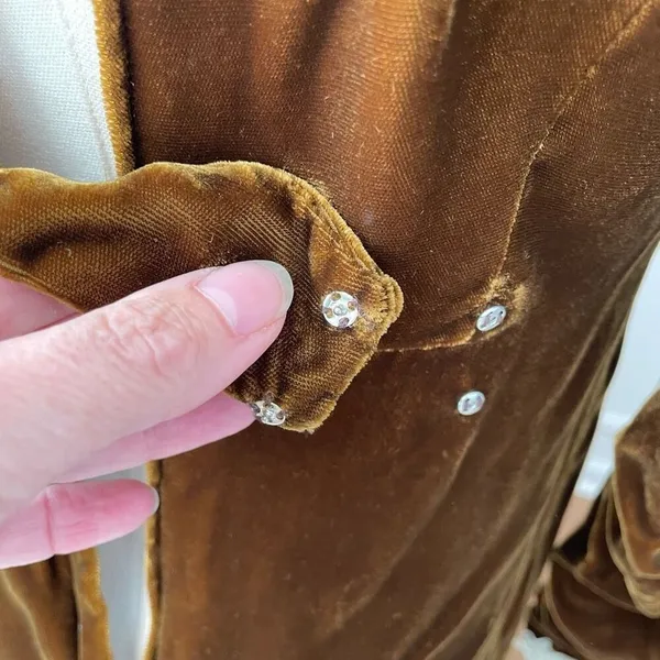 Vintage 70s Brown Velvet Maxi Dress Lace Collar Cuff XS - Image 9