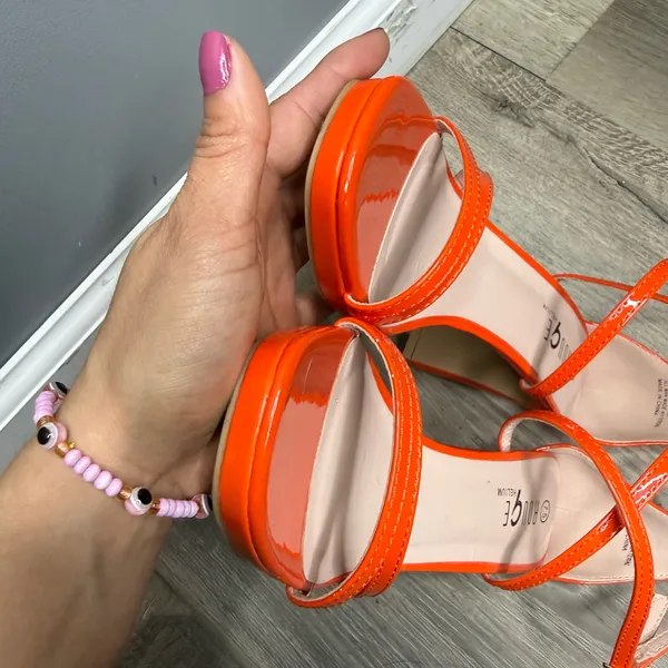 Rouge! Bright Orange Patent Strappy Ankle-Wrap Heels - Image 4
