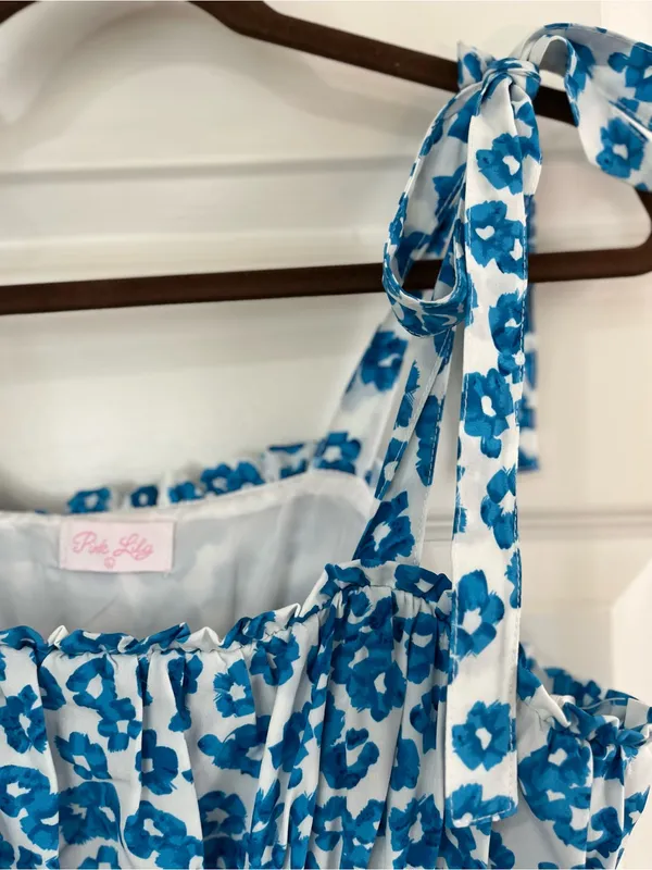Pink Lily Blue White Floral Tie-Shoulder Maxi Dress New Sz L - Image 8