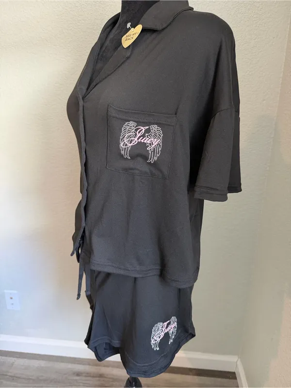Juicy Couture Black 'Juicy Angel' Short Pajama Set with Pink Embroidery - Image 4