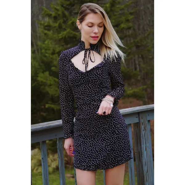 NWT Women's Heart Neck Long Sleeve Polka Dot Cocktail Mini Dress Sz Medium - Image 2