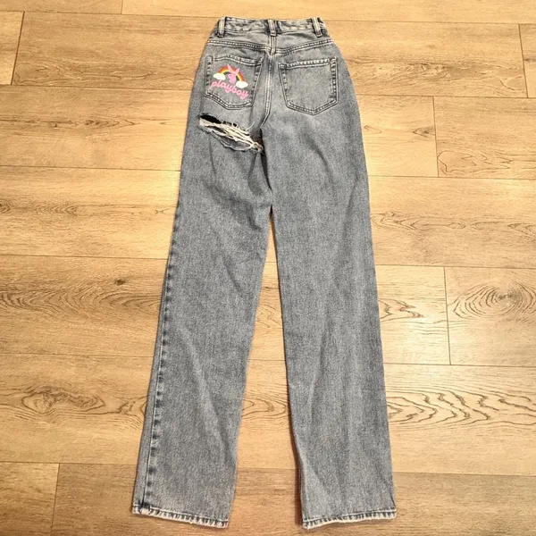 Pacsun‎ Playboy Jeans Womens 22 Blue Denim Straight High Rise Rainbow Bunny - Image 2