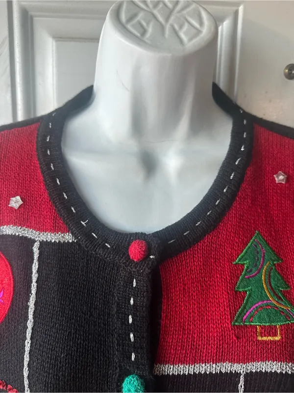 Vintage Karen Scott Holiday Cardigan Black Red Embroidered Ornaments M - Image 3
