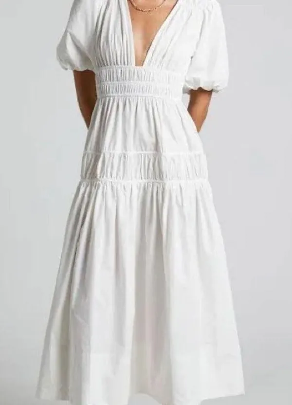 NWT showpo MELLIE MIDI DRESS - PUFF SLEEVE PLUNGE TIERED DRESS IN WHITE - Image 3