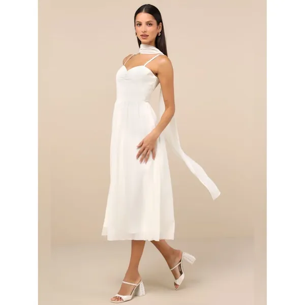 Lulus Irresistibly Darling Ivory Chiffon Midi Dress and Scarf Set Size Large NWT - Image 3