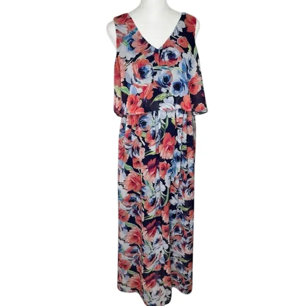 Blue Orange Floral Maxi Dress M V Neck Crisscross Back Summer Boho - Image 2