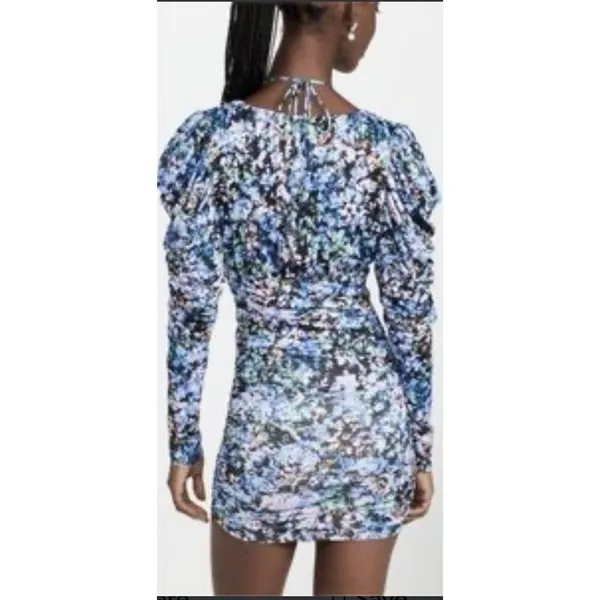 AFRM Ruched Deep V neck Floral Knit MINI Dress Puff Sleeve Retail Size Large - Image 2
