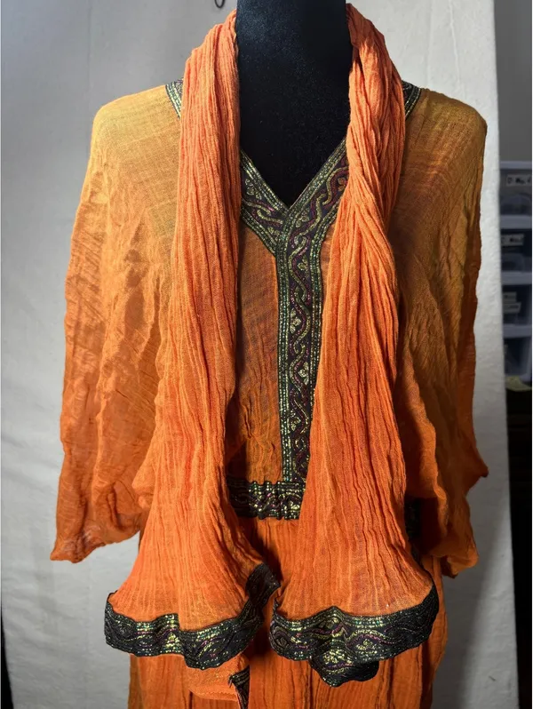 Boho Peasant Tunic Dress Burnt Orange Embroidered Gauze V-Neck Small/Medium - Image 6