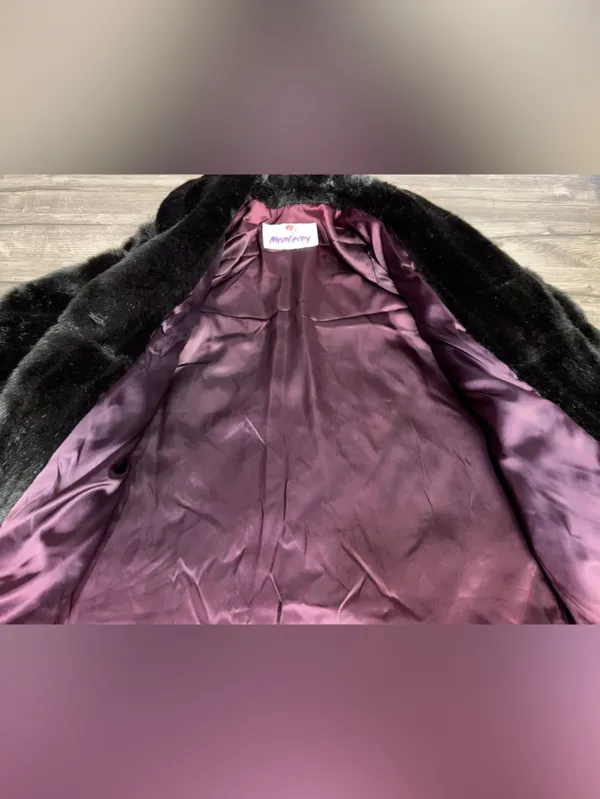 Vintage Monterey Fashions Faux Fur Coat Black Dark Brown Burgundy Lining SZ 12 - Image 6