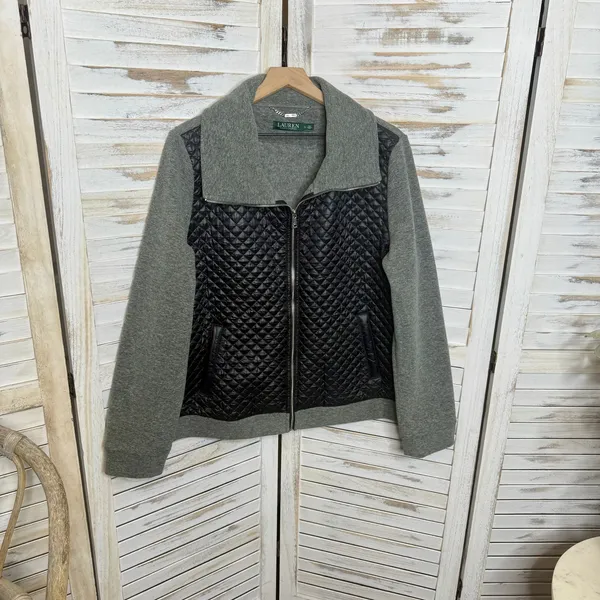 LAUREN RALPH LAUREN Quilted Fleece Full Zip Jacket Black Gray Size XL - Image 6
