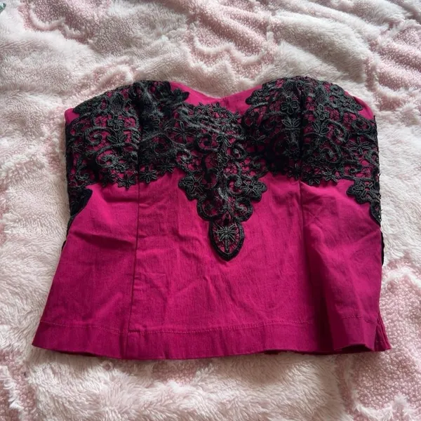 Body Central Baby Cereal Y2K Hot Pink Black Lace Corset Bustier Top Size XL - Image 6