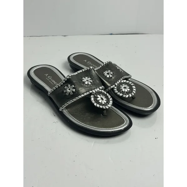 A. Giannetti Italian Leather Thong Sandals Pewter Silver Whipstitch Womens 9M - Image 2