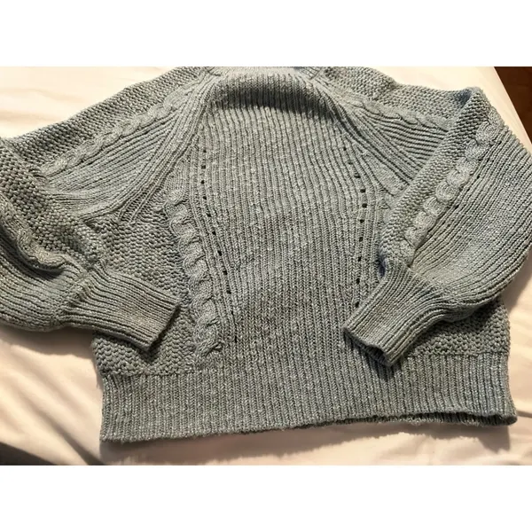 American‎ Eagle Sweater Cable Knit Grey Mock Neck Balloon Sleeve Womens S Boho - Image 3