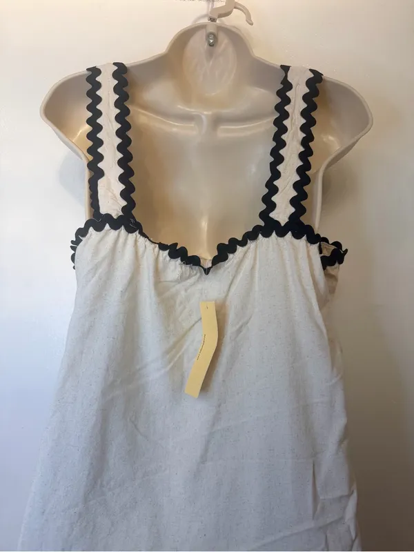 4our Dreamers Size L Cream Linen Blend Dress Black Rickrack Trim Square Neck NWT - Image 8