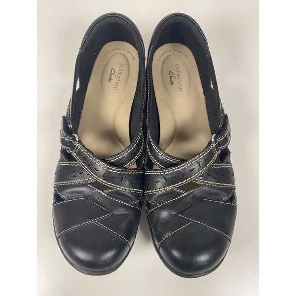 Clarks Ashland Spin Q Womens Size 8.5M Black Tan Leather Loafer Mary‎ Jane Shoes - Image 2