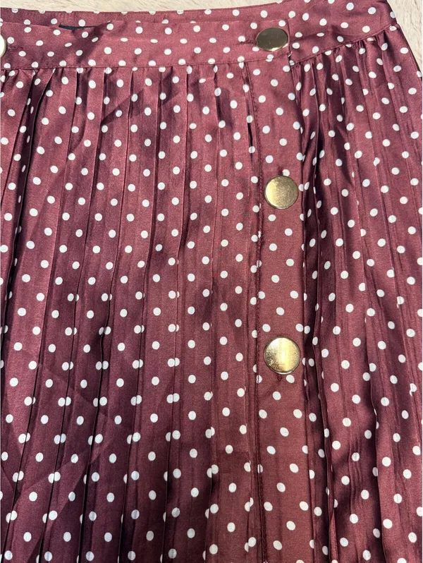 NWT Zara size X-Small Satin Wine White Polka Dot Flowy Pleated Midi Skirt - Image 4