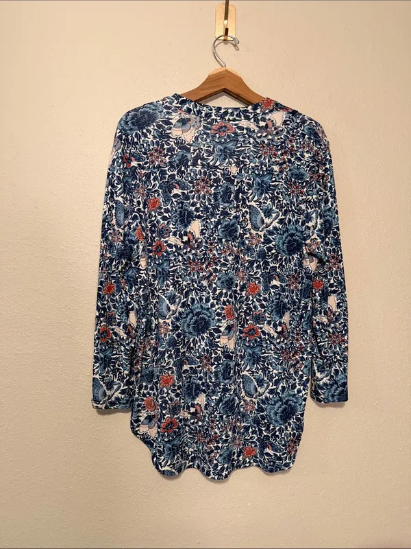 Tory Burch Long Sleeve Blue Silk Floral Butterfly Blouse Size XL - Image 7