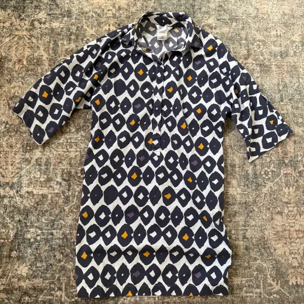 Max Mara Cotton Geometric Print Shirt Dress Navy White Mustard Made in Italy 8 - Image 5