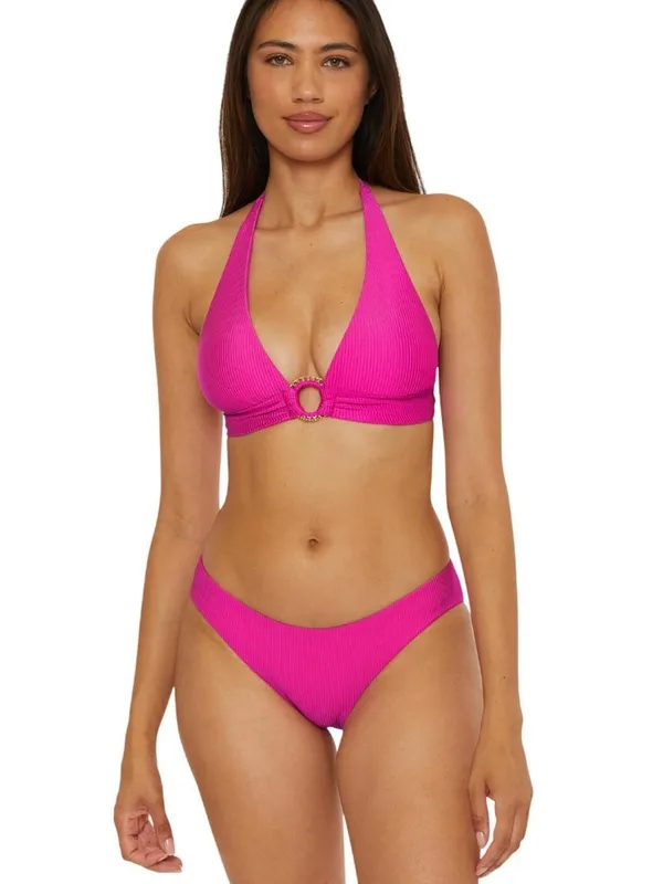 NWT Becca Ribbed Chain Ring Halter Bikini Swim Top 223157 Azalea Pink D - Image 4