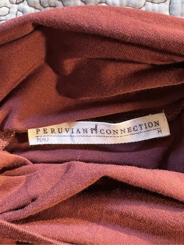 💥Peruvian Connection Extreme T-Neck Terracotta Pima Cotton Stretch Top Sz M🧡 - Image 9