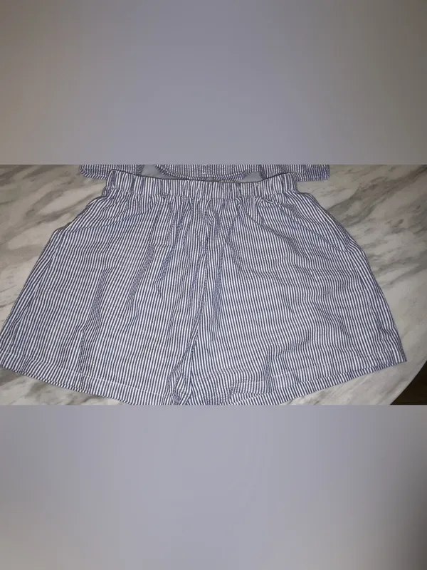 SHEIN Blue White Vertical Striped Front Tie Puff Sleeve Top Shorts Set M - Image 3