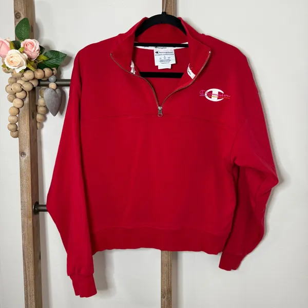Champion Red Quarter Zip‎ Sweatshirt Logo Athletic Pullover Top Women Small - Image 2