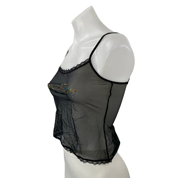Savage x Fenty Black Rhinestone Logo Lace Sheer Mesh Cami Tank Crop Top Size XS - Image 2