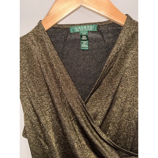 Lauren Ralph Lauren‎ Blouse Small Sleeveless V-Neck gold Metallic stretchy Top - Image 2