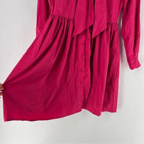 NY&C Pink Cotton Blend Button Front Tie Neck Pleated Fit & Flare Shirt Dress‎ - Image 8