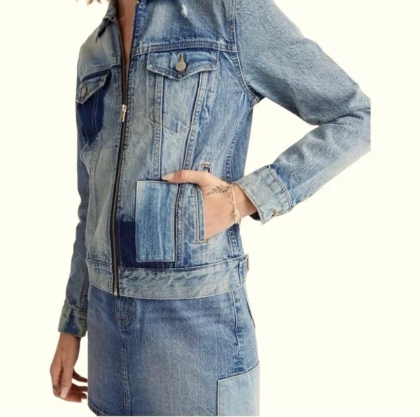 Lucky Brand Patchwork Tommy Trucker Denim Jacket Jean Jacket Zip Front Blue S - Image 2