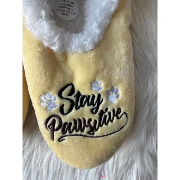 Yellow Plush Women's Slippers with 'Stay Pawssitive' Embroidery - Image 3