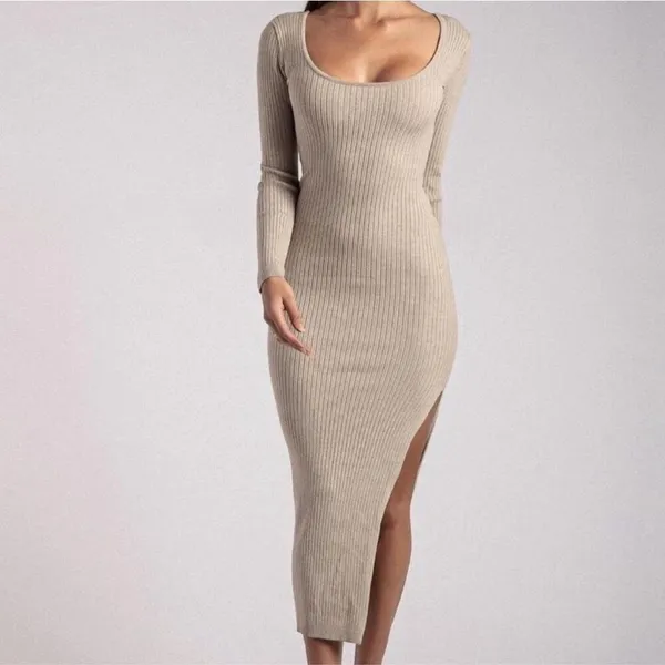 ✨Meshki Taupe Tan Cali Long Sleeve Ribbed High Slit Midi Sz Large Dress✨ - Image 2